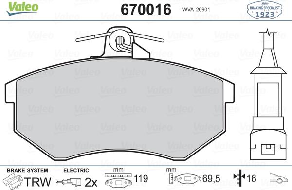 Valeo 670016 - Тормозные колодки, дисковые, комплект unicars.by