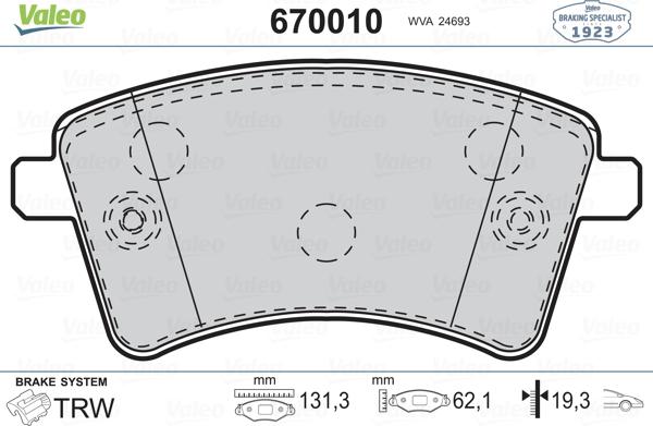 Valeo 670010 - Тормозные колодки, дисковые, комплект unicars.by