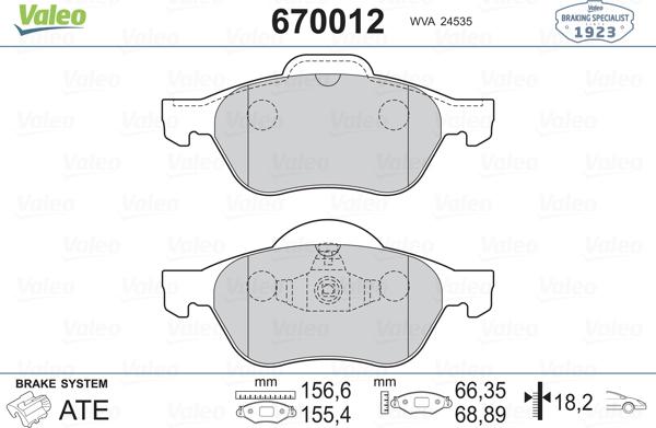 Valeo 670012 - Тормозные колодки, дисковые, комплект unicars.by