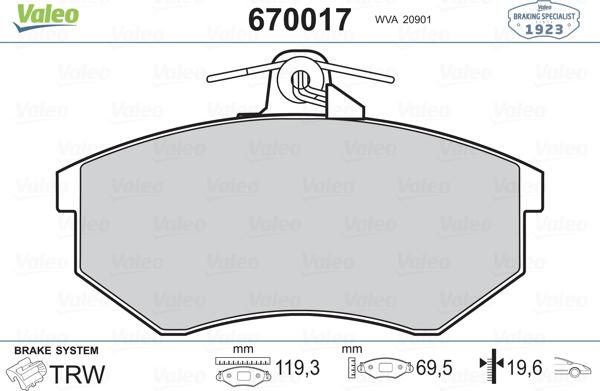 Valeo 670017 - Тормозные колодки, дисковые, комплект unicars.by