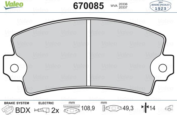 Valeo 670085 - Тормозные колодки, дисковые, комплект unicars.by