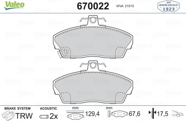 Valeo 670022 - Тормозные колодки, дисковые, комплект unicars.by