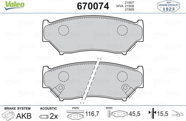 Valeo 670074 - Тормозные колодки, дисковые, комплект unicars.by