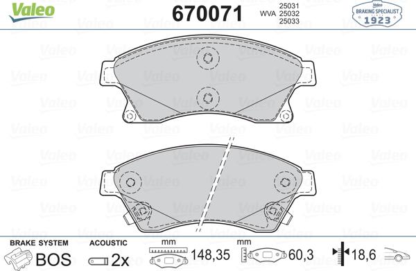 Valeo 670071 - Тормозные колодки, дисковые, комплект unicars.by