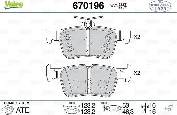 Valeo 670196 - Тормозные колодки, дисковые, комплект unicars.by