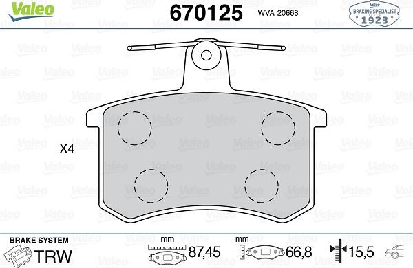 Valeo 670125 - Тормозные колодки, дисковые, комплект unicars.by