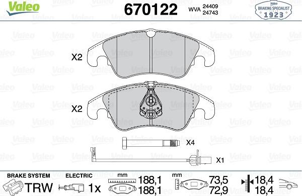 Valeo 670122 - Тормозные колодки, дисковые, комплект unicars.by