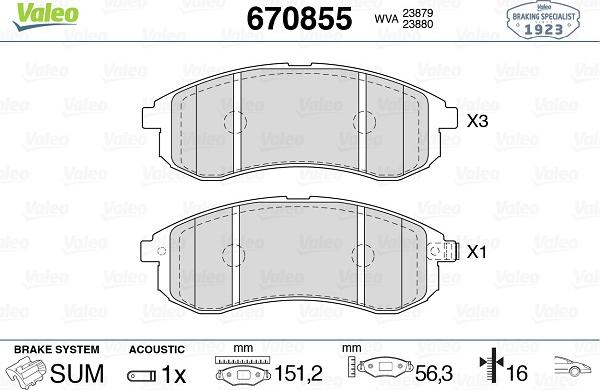 Valeo 670855 - Тормозные колодки, дисковые, комплект unicars.by