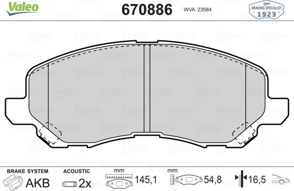 Valeo 670886 - Тормозные колодки, дисковые, комплект unicars.by