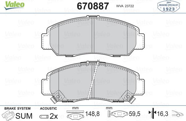 Valeo 670887 - Тормозные колодки, дисковые, комплект unicars.by