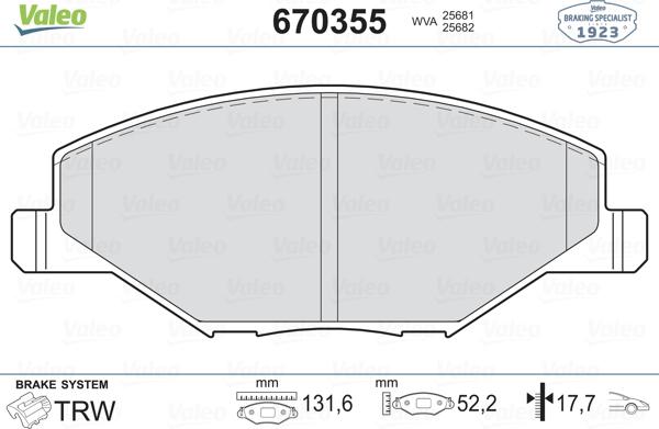 Valeo 670355 - Тормозные колодки, дисковые, комплект unicars.by