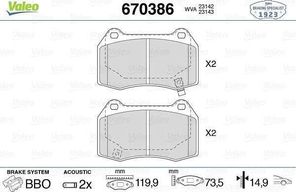 Valeo 670386 - Тормозные колодки, дисковые, комплект unicars.by