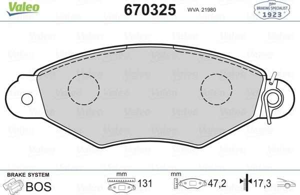 Valeo 670325 - Тормозные колодки, дисковые, комплект unicars.by