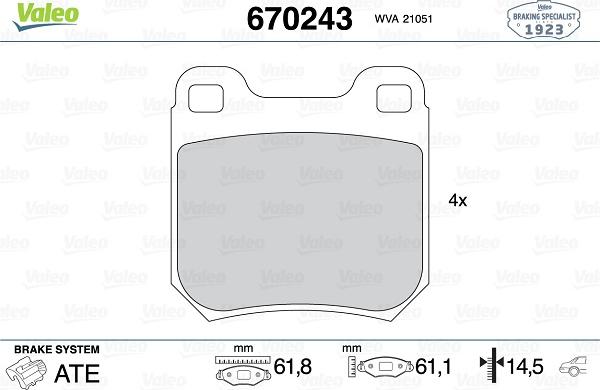 Valeo 670243 - Тормозные колодки, дисковые, комплект unicars.by