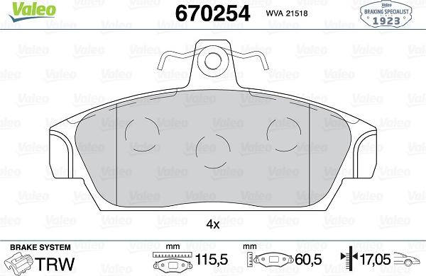 Valeo 670254 - Тормозные колодки, дисковые, комплект unicars.by