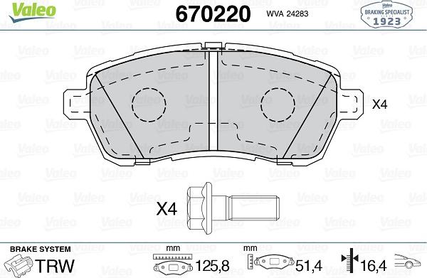 Valeo 670220 - Тормозные колодки, дисковые, комплект unicars.by