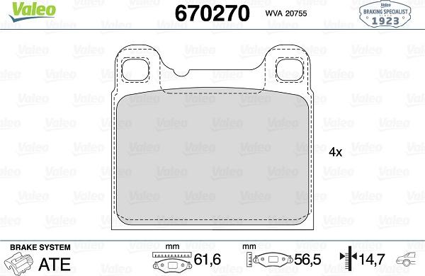 Valeo 670270 - Тормозные колодки, дисковые, комплект unicars.by