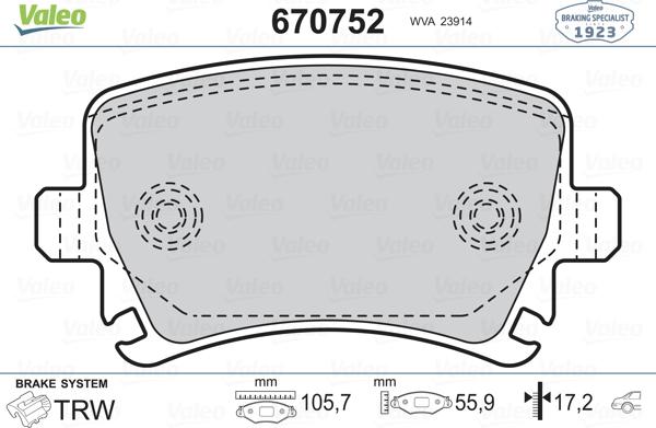 Valeo 670752 - Тормозные колодки, дисковые, комплект unicars.by