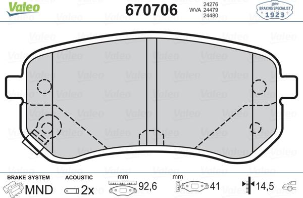 Valeo 670706 - Тормозные колодки, дисковые, комплект unicars.by