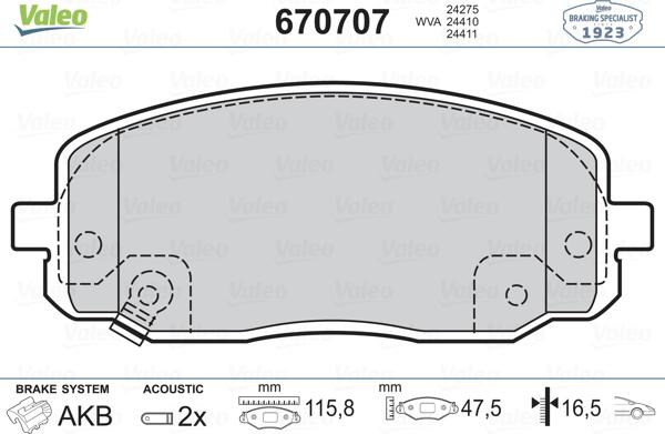 Valeo 670707 - Тормозные колодки, дисковые, комплект unicars.by