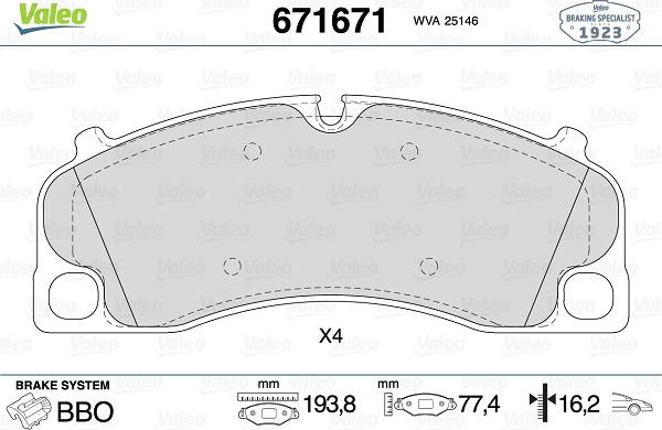 Valeo 671671 - Тормозные колодки, дисковые, комплект unicars.by