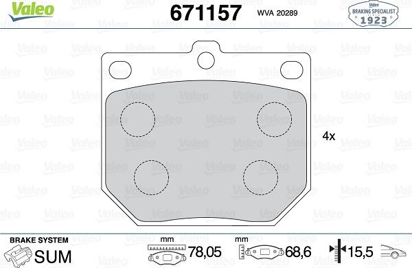 Valeo 671157 - Тормозные колодки, дисковые, комплект unicars.by