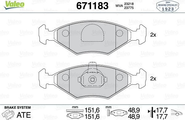 Valeo 671183 - Тормозные колодки, дисковые, комплект unicars.by