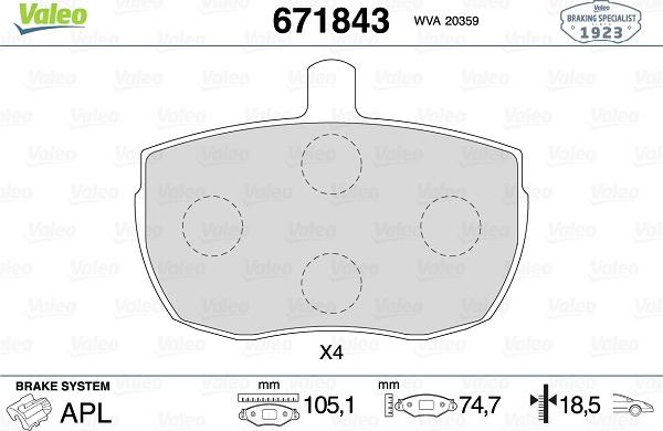 Valeo 671843 - Тормозные колодки, дисковые, комплект unicars.by