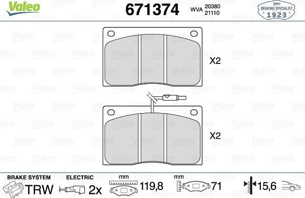 Valeo 671374 - Тормозные колодки, дисковые, комплект unicars.by