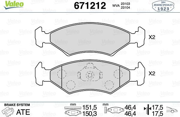 Valeo 671212 - Тормозные колодки, дисковые, комплект unicars.by