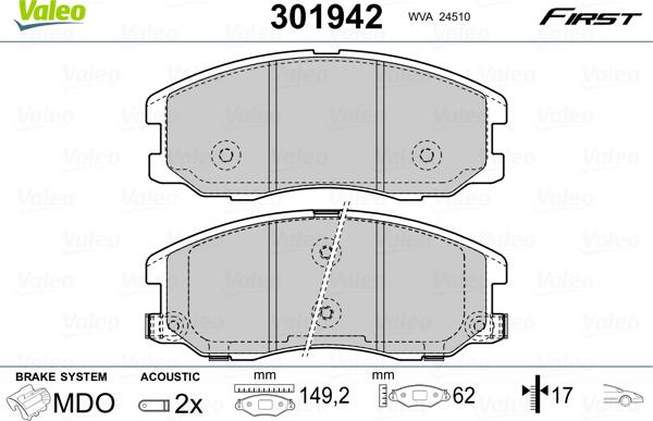 Valeo 301942 - Тормозные колодки, дисковые, комплект unicars.by