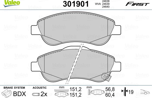 Valeo 301901 - Тормозные колодки, дисковые, комплект unicars.by