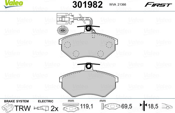 Valeo 301982 - Тормозные колодки, дисковые, комплект unicars.by