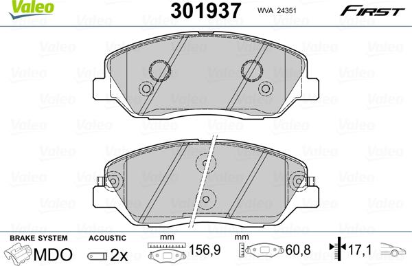 Valeo 301937 - Тормозные колодки, дисковые, комплект unicars.by