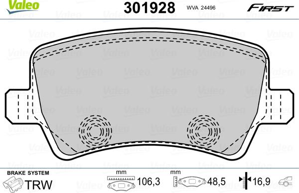 Valeo 301928 - Тормозные колодки, дисковые, комплект unicars.by