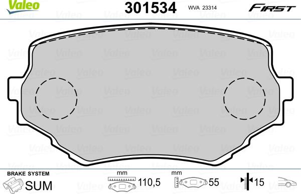 Valeo 301534 - Тормозные колодки, дисковые, комплект unicars.by