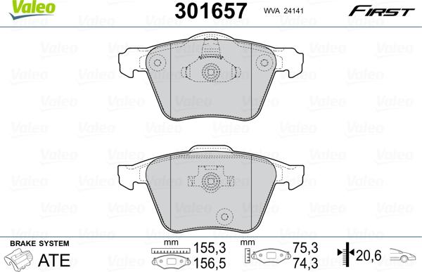 Valeo 301657 - Тормозные колодки, дисковые, комплект unicars.by