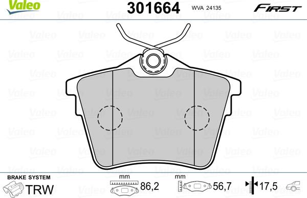 Valeo 301664 - Тормозные колодки, дисковые, комплект unicars.by