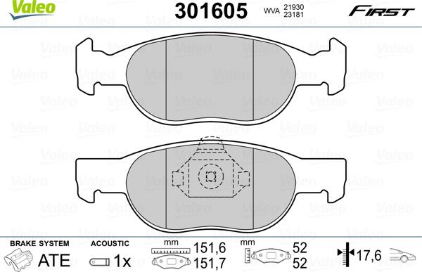 Valeo 301605 - Тормозные колодки, дисковые, комплект unicars.by