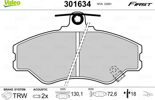 Valeo 301634 - Тормозные колодки, дисковые, комплект unicars.by