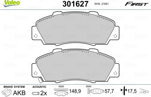 Valeo 301627 - Тормозные колодки, дисковые, комплект unicars.by