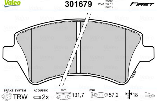 Valeo 301679 - Тормозные колодки, дисковые, комплект unicars.by