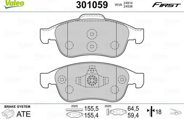 Valeo 301059 - Тормозные колодки, дисковые, комплект unicars.by