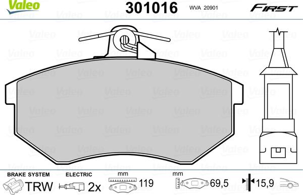 Valeo 301016 - Тормозные колодки, дисковые, комплект unicars.by