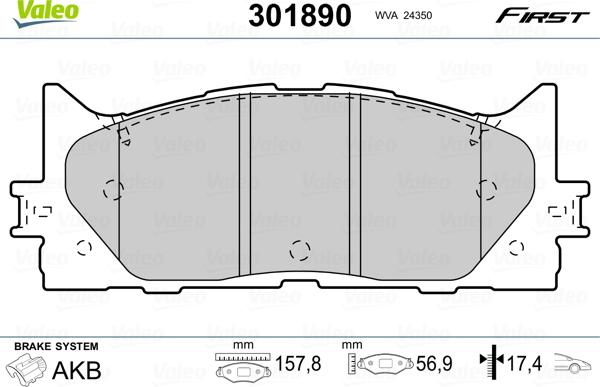 Valeo 301890 - Тормозные колодки, дисковые, комплект unicars.by