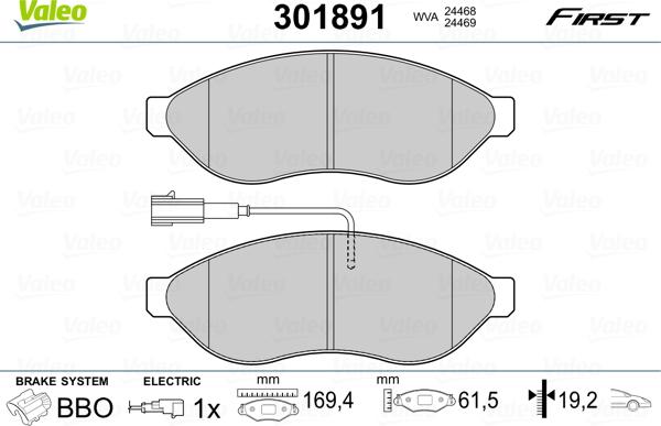 Valeo 301891 - Тормозные колодки, дисковые, комплект unicars.by