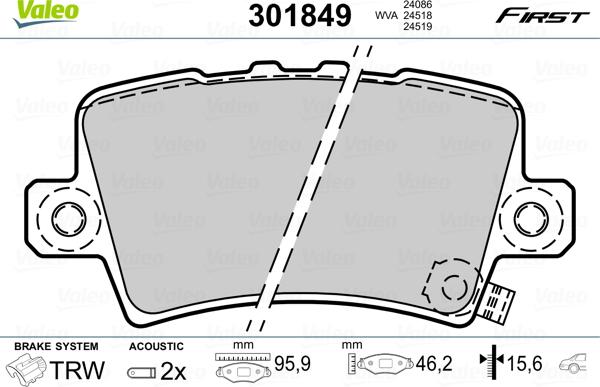 Valeo 301849 - Тормозные колодки, дисковые, комплект unicars.by