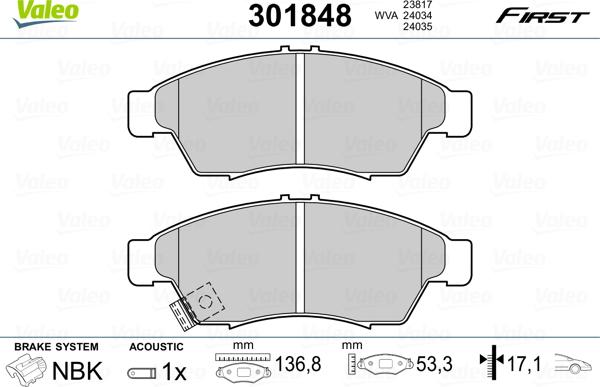 Valeo 301848 - Тормозные колодки, дисковые, комплект unicars.by