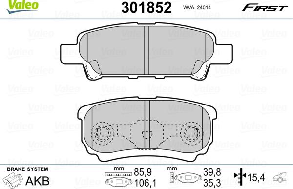 Valeo 301852 - Тормозные колодки, дисковые, комплект unicars.by