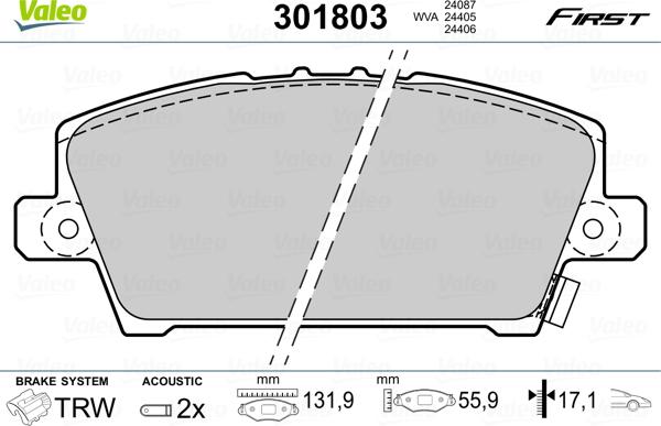 Valeo 301803 - Тормозные колодки, дисковые, комплект unicars.by